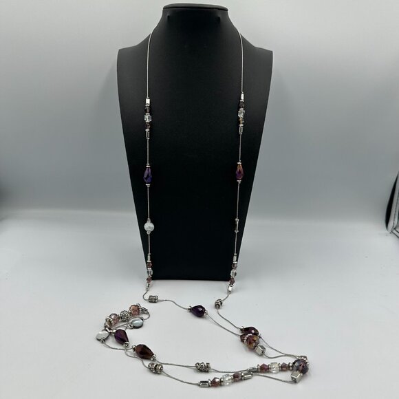 Long Necklace Purple Beads Glass Mother of Pearl Silver Tone Chain Layered - Picture 11 of 15